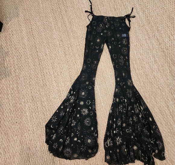 Dolls Kill Pants - Dolls Kill Black Sheer Flare Pants with Gold Pattern SIZE S NWT